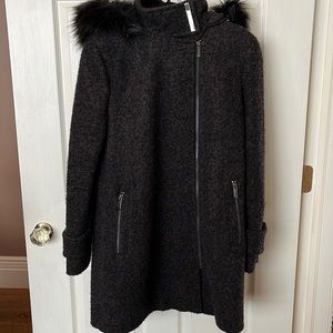 New Women’s CALVIN KLEIN 3/4 Black/Brown Faux Fur Hooded Wool Coat Size XL 12/14